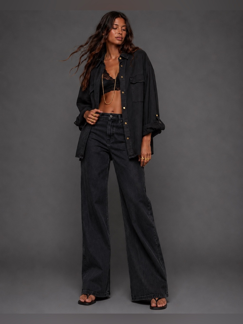 Zara Waxed Wide Leg Denim Black Denim
